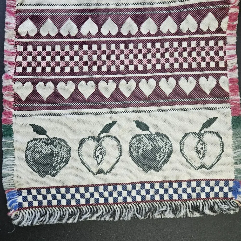 A is for Apple VTG Runner & 4 Placemats Tapestry Fringe Hearts Checkered Red Grn
